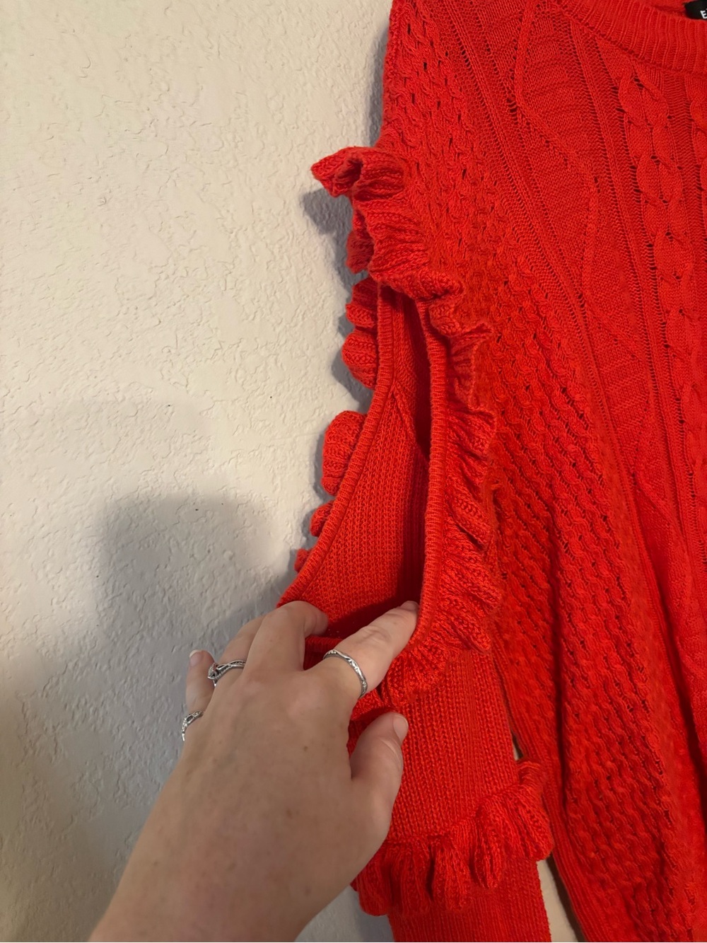 Express Red Ruffle Cable-Knit Crewneck Sweater - Picture 4 of 5